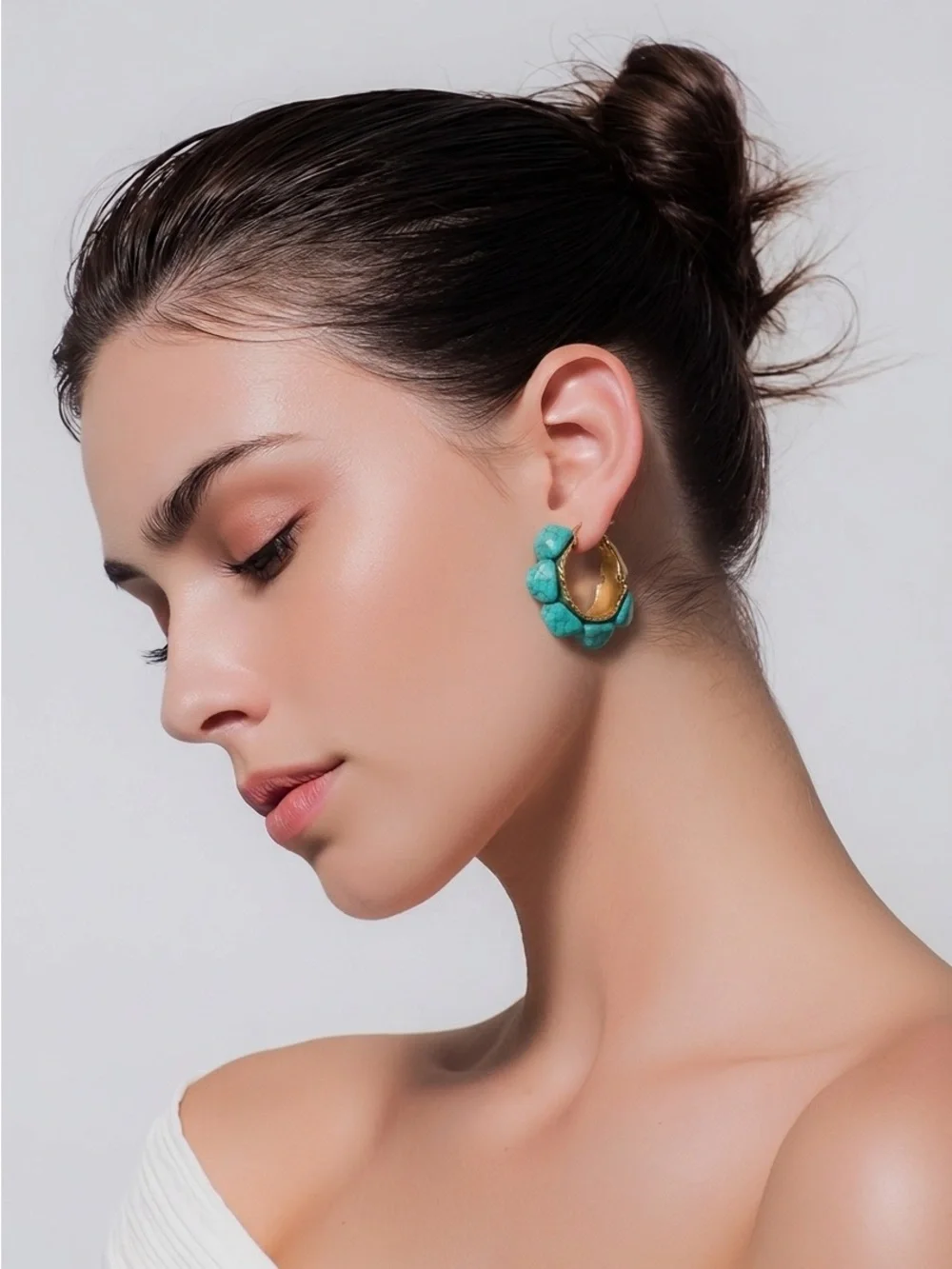 Gold Hoop Earrings with Turquoise Bead Detail - Women Jewelry